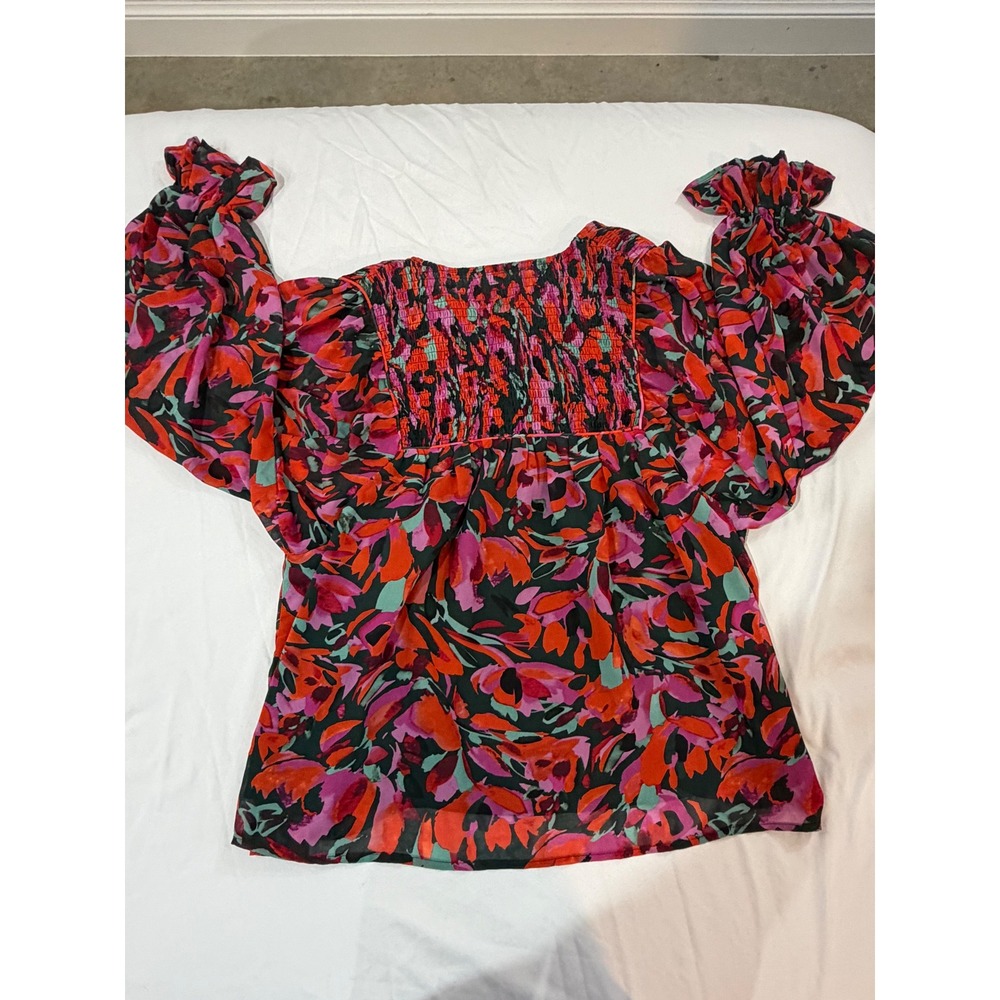 Entro Floral Smocked Blouse Red Pink Green Long Sleeve Ruffle Cuff Top S T21424